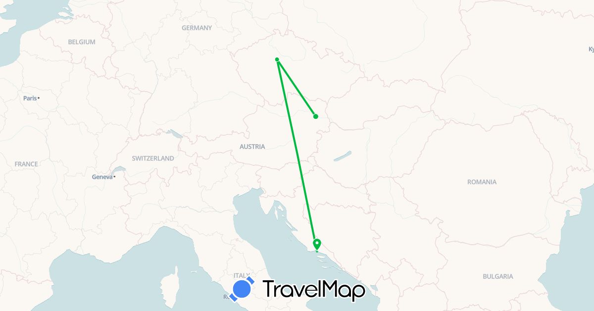 TravelMap itinerary: bus, plane in Austria, Czech Republic, Croatia (Europe)